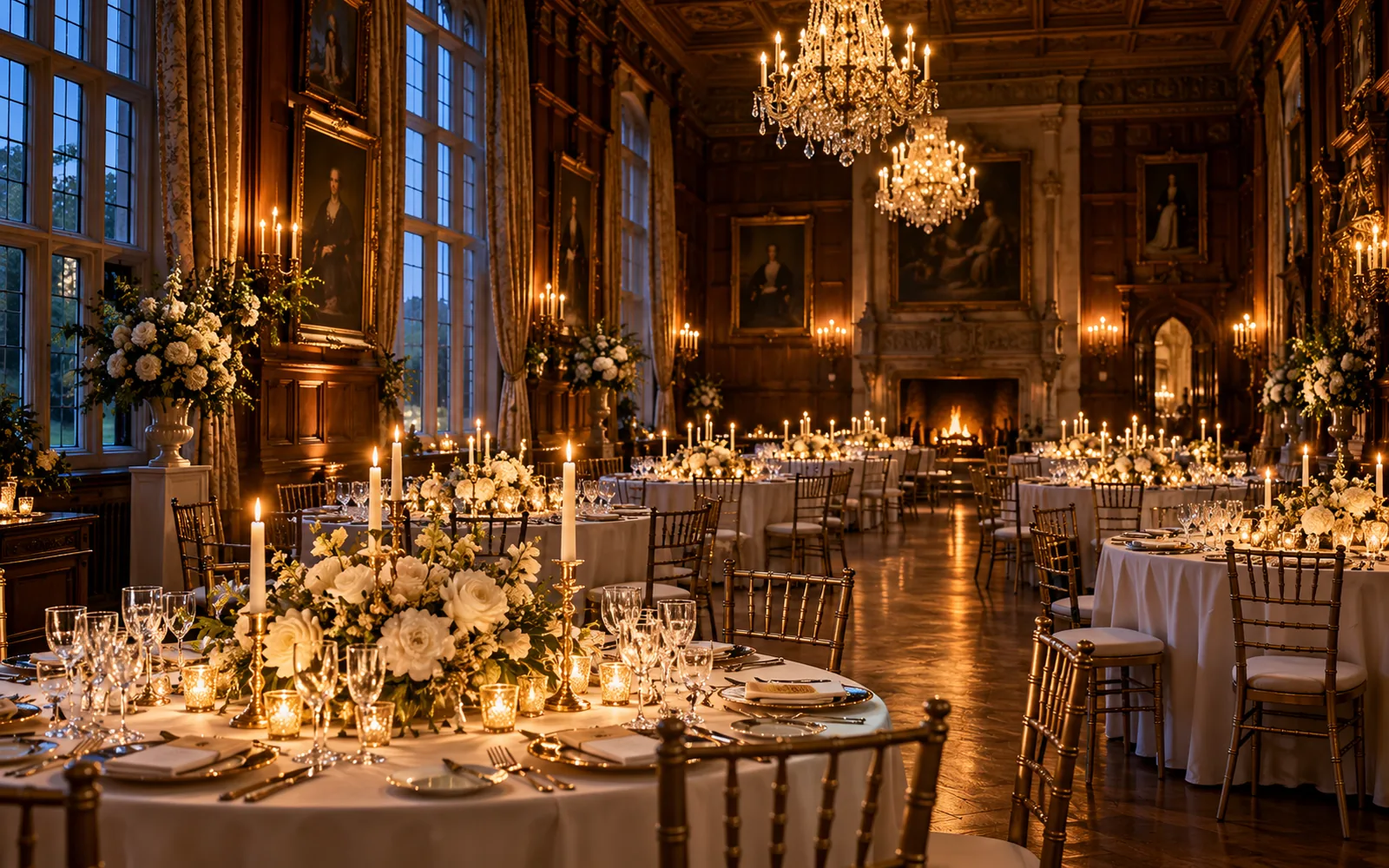 Illustrative oak-panelled banqueting hall with white-linen tables, crystal glasses, candles and chandeliers